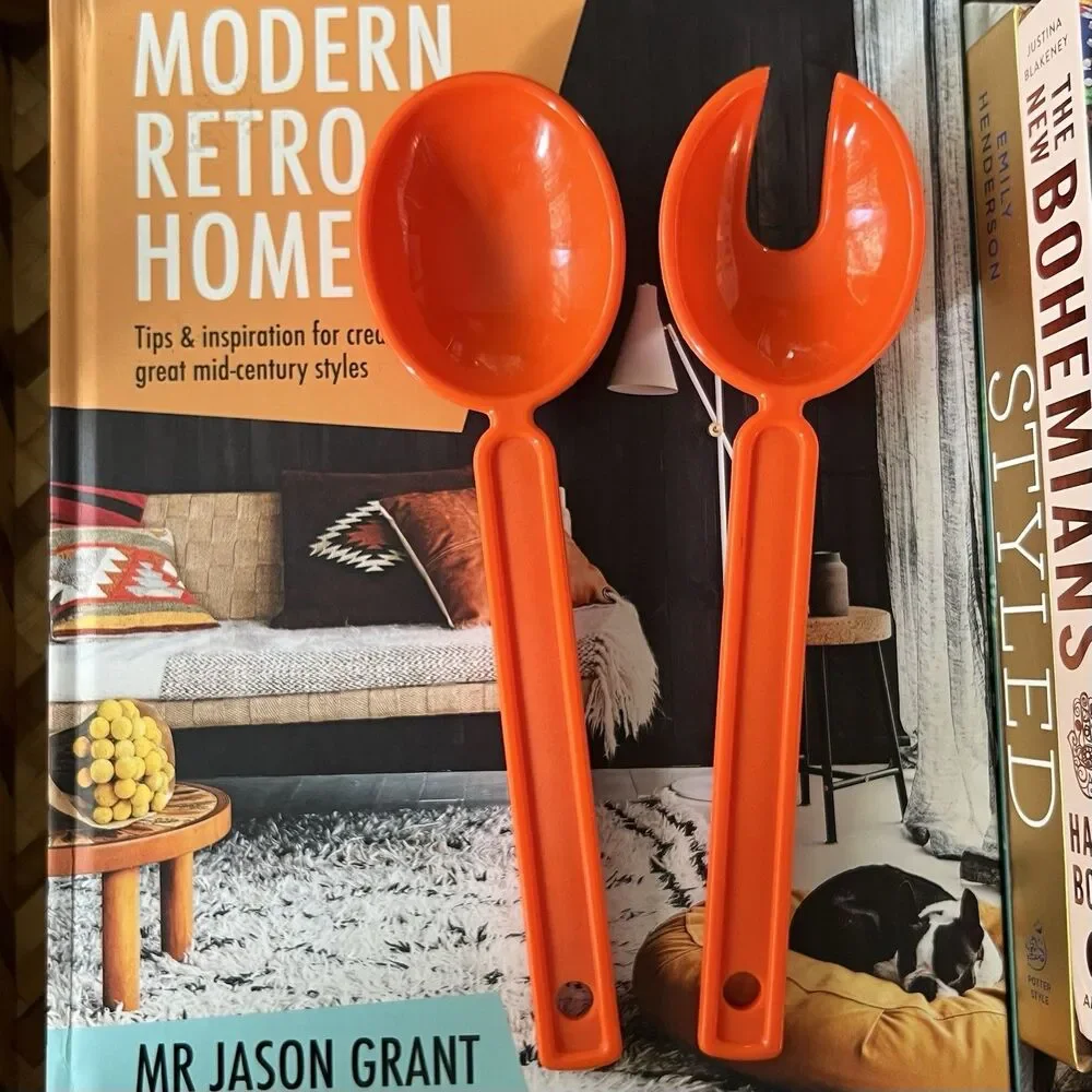 VINTAGE 1970s MCM Salad Serving Utensils Orange Melamine Spoon Slotted Fork
